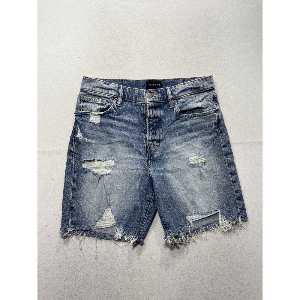 Lucky Brand Shorts Womens 8 Blue Denim Distressed Cut Off Raw Hem 7" Inseam